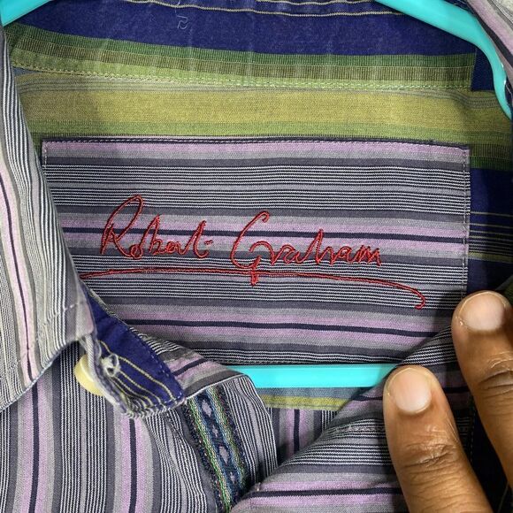 Robert Graham Shirt Mens Large Gray Purple Striped Long Sleeve Flip Cuff - Picture 6 of 10